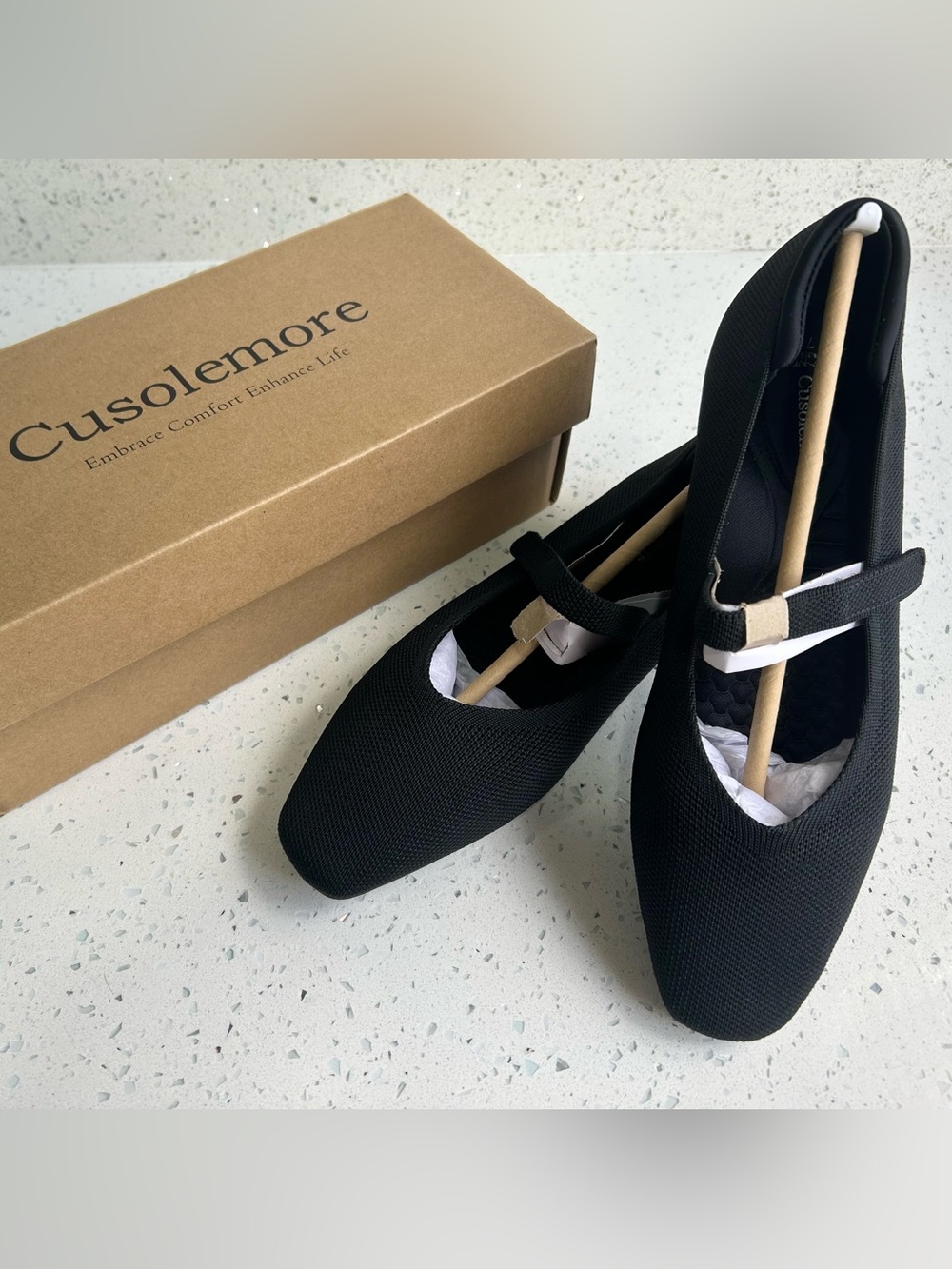 Cusolemore Black Square Toe Knit Mary Jane Ballet Flats with Strap Size 7.5